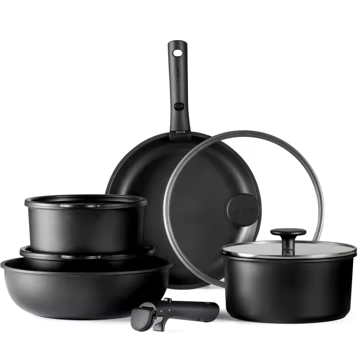 CAROTE 11 piezas Ollas y Sartenes No Stick, Juego de utensilios de cocina mango desmontable, antiadherente inducción utensilios de cocina Sets No Stick con mango desmontable, RV utensilios de cocina Set, Horno seguro utensilios de cocina Set, Negro - 1
