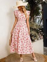 Vestido largo profesional floral casual de moda con mangas con volantes, tela elástica con cuello en V, falda larga Holida, ropa de mujer, - details 5