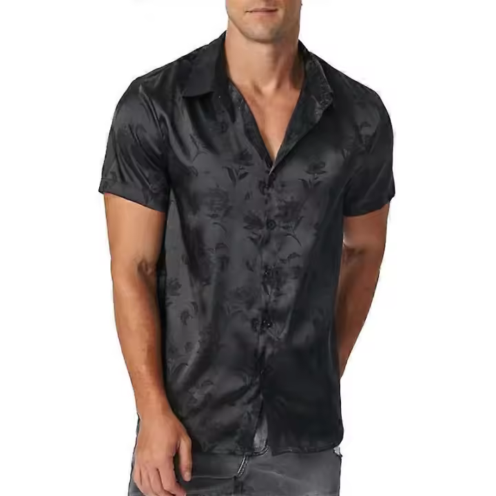 Camisas hawaianas para hombre Camisas jacquard de seda imitada Camisas de playa casuales de manga corta BSSM - 1