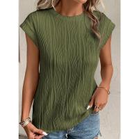 Camisetas con textura de manga corta para mujer, camisetas básicas informales holgadas de punto con cuello redondo, blusas - details 21