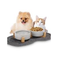 Comedero Elevado de Cerámica para Gatos y Perros 2 x 400ml con Soporte de Bambú y Alfombrilla Antideslizante Gris - details 0