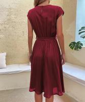 Vestido plisado elegante para mujer, manga corta con cinturilla, verde negruzco S, Verano - details 22