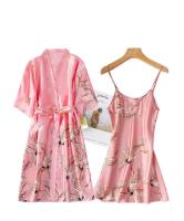Conjunto de kimono de seda sintética para mujer, pijama y albornoz sexy estampado, ropa interior de verano, 2 piezas. - details 8