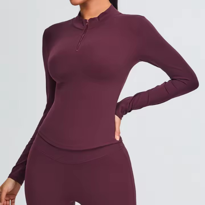 Ropa deportiva de moda para mujer, Top de Yoga con cremallera y manga larga con cuello alto y manga larga - 1