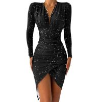 Elegante Vestido de Terciopelo para Midi Cuello en V, Manga Larga, Estampado de Cocodrilo, Abierto en la Pierna Ideal para Fiesta Nocturna y Banquete - details 8