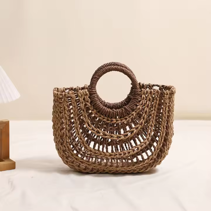 Bolso de mano de media luna con diseño hueco, bolso de paja con asa redonda, bolso tejido de paja de color, bolso de playa para mujeres - 1