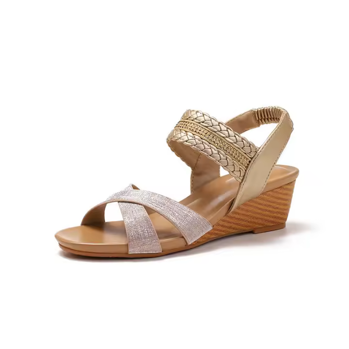 Sandalia sandalias de cuña para mujer, nuevo estilo étnico, punta abierta, zapatos romanos de tejido cruzado versátiles - 1