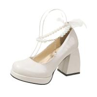 Zapatos de cuero retro para mujer Tacón alto, suela gruesa, blanco, boda, primavera y otoño 2025 - details 0