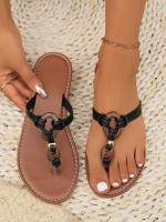 Chanclas planas de tela de talla grande con tiras finas para mujer, sandalias retro con hebilla y punta abierta para exteriores - details 5