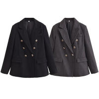 TRAFZA, abrigos informales para mujer, liso, cuello vuelto, manga larga, bolsillos, doble botonadura, nueva moda de primavera, chaqueta holgada - details 1