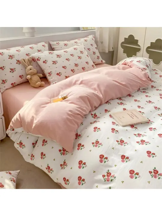Tiendas Juego de cama floral retro coreano Juego de sábanas de algodón 100% lavado Funda nórdica suave Ropa de cama Funda de almohada Individual Doble Queen King - 1