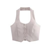 Tops sin mangas con botones delanteros y cintura doble alta, pantalones rectos con bolsillos laterales, conjuntos de dos piezas para mujer - details 4