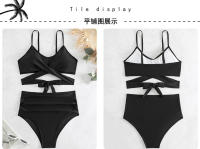 Traje de baño dividido de cintura alta para mujer, bikini multicolor con estampado de cuello halter cruzado - details 29