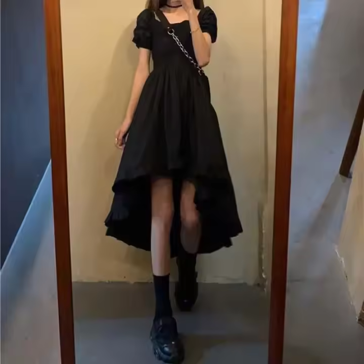 Vestido negro elegante para mujer, vestido largo adelgazante Vintage, falda acampanada, parte delantera y trasera corta para moda de verano - 1