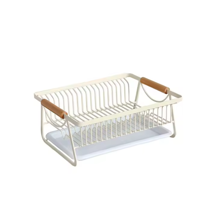 Estante para platos de estilo japonés, escurridor de vajilla de hierro, mango de madera, cesta de almacenamiento portátil para cocina, cuenco y palillos - 1