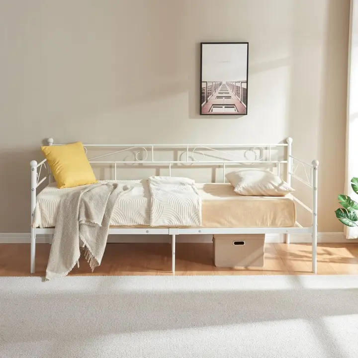 Marcos Diván Cama Individual de Metal, Estructura Sofá Cama Hierro Forjado para Adultos, Adecuado para Colchón de 90x190 cm, Negro - 1