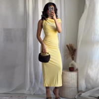 Vestido Amarillo TRAF Para Mujer Elegante Midi Asimétrico Sin Mangas Vestido De Verano 2025 Con Volantes Y Cintura Natural - details 6