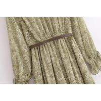 Elegante Vestido A-line Medio con Cinturón Manga Larga, Cuello en V, Cintura Elástica, Estampado de Volantes Moda Primaveral para Mujeres - details 12