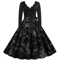 Women plaid print long sleeve vintage a line party dress v neck - details 159