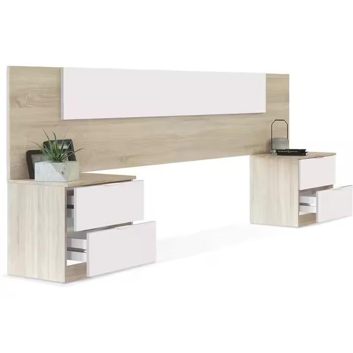 y 2 Mesitas de Noche, Cabecero Matrimonio y 2 Mesitas de Noche, Color Roble Canadiense y Blanco Artik, Medidas: Ancho: 247 cm x Fondo: 38 cm x Alto: 95 cm (0908) - 1
