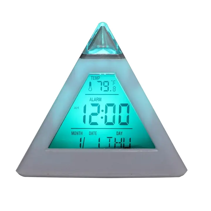 Termómetro con calendario perpetuo de pirámide triangular, reloj despertador digital, decoración del hogar, reloj de cambio con retroiluminación colorida - 1