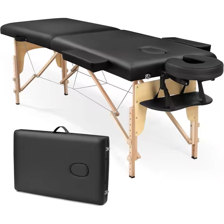 Camilla de masaje plegable para cosmética: mesa de masaje de madera de 2 zonas, mesa de masaje móvil, banco de masaje para fisioterapia y tatuaje - 1