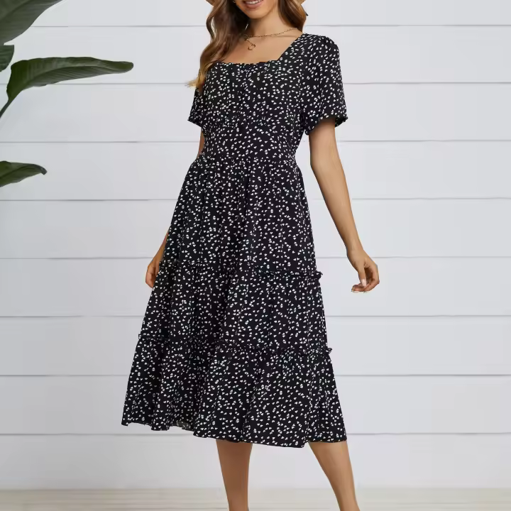 vestido corto de verano con mangas con estampado floral, elegante, casual, escote cuadrado, adecuado para estampado de playas, elegante, casual, escote, - 1