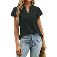 2025 primavera y verano europeo y americano nuevo jacquard con cuello en v mangas apiladas camiseta de manga corta top ropa de mujer - details 2