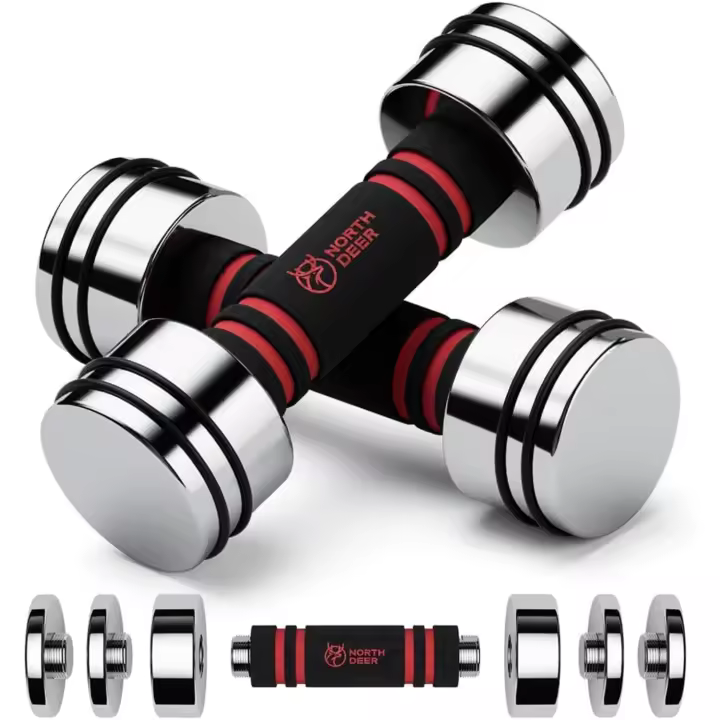 Mancuernas de acero ultracompactas ajustables de 2,5 kg, 5 kg, 7,5 kg, 10 kg, 15 kg, 25 kg, mancuernas cromadas con asas de espuma, gimnasio en casa (elección de tamaño) - 1