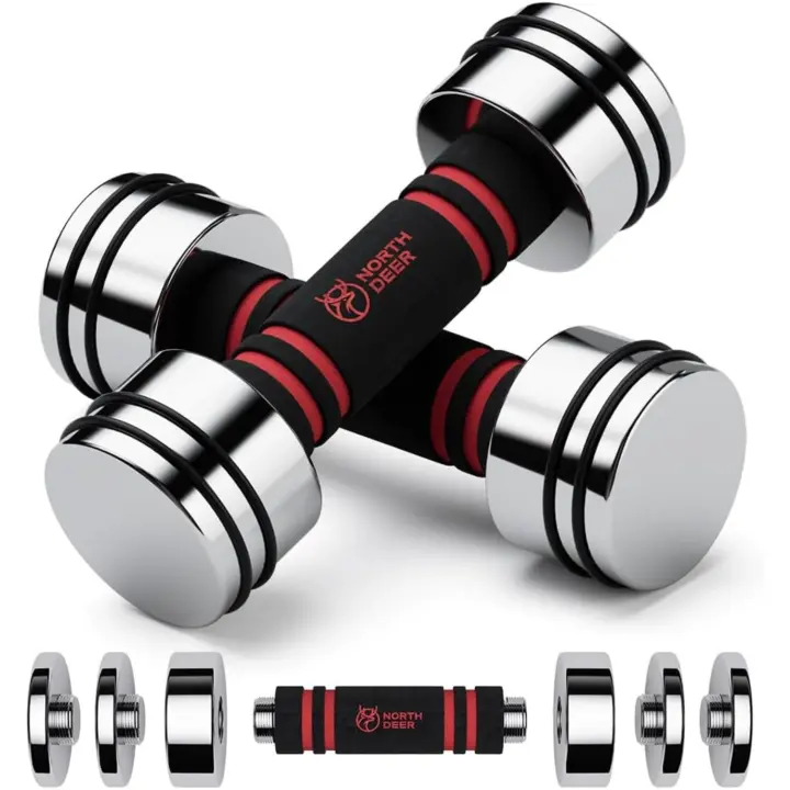 Mancuernas de acero ultracompactas ajustables de 2,5 kg, 5 kg, 7,5 kg, 10 kg, 15 kg, 25 kg, mancuernas cromadas con asas de espuma, gimnasio en casa (elección de tamaño) - 1