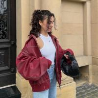 Chaqueta de cuero con cremallera para mujer, abrigo recortado de manga larga con solapa, color rojo vino, Vintage, moda de otoño - details 6