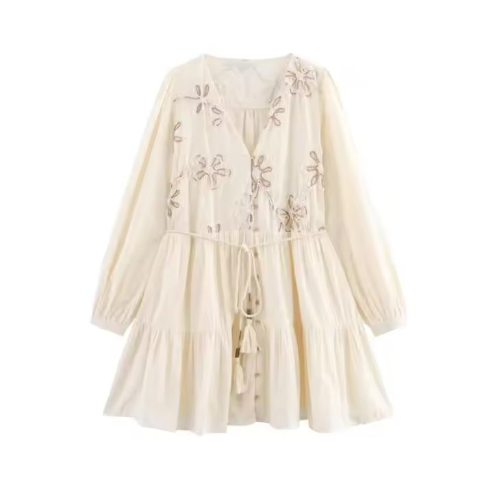 TRZA-Vestido corto femenino de manga larga con botones frontales, minivestido bordado con cinturón, a la moda, para Mujer - 1