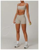 Conjuntos de Yoga de 2 uds., trajes de entrenamiento de realce para mujer, trajes de gimnasio, sujetador corto de cintura alta, pantalones cortos acampanados, trajes para Fitness y correr - details 9