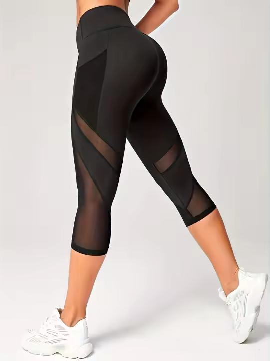 Leggings Capri Deportivos de Cintura Alta para Mujer con Panel de Malla, Estilo Casual, Pantalones de Yoga Elásticos - 1