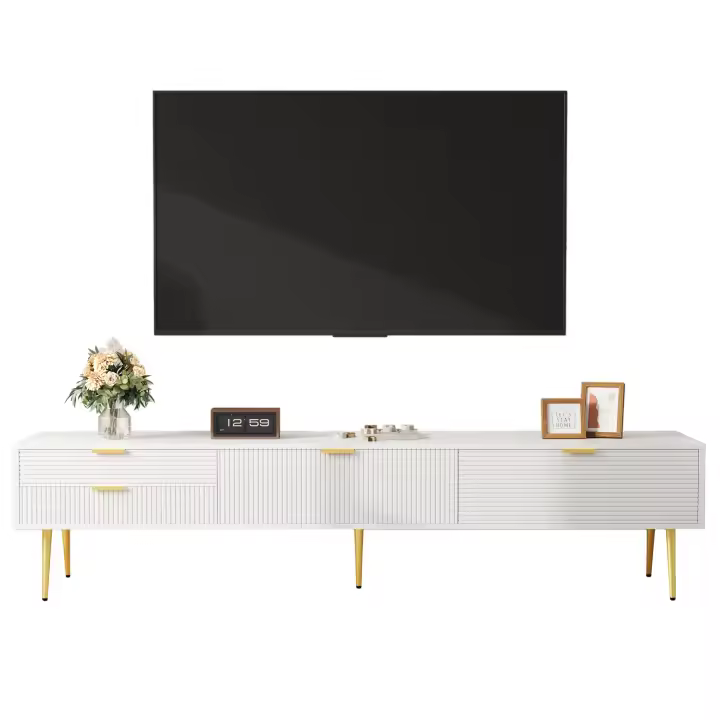 Mueble de TV elegante, tablero bajo. Con cajones y puertas, muebles de salón. Diseño moderno. Manijas y patas doradas. - 1