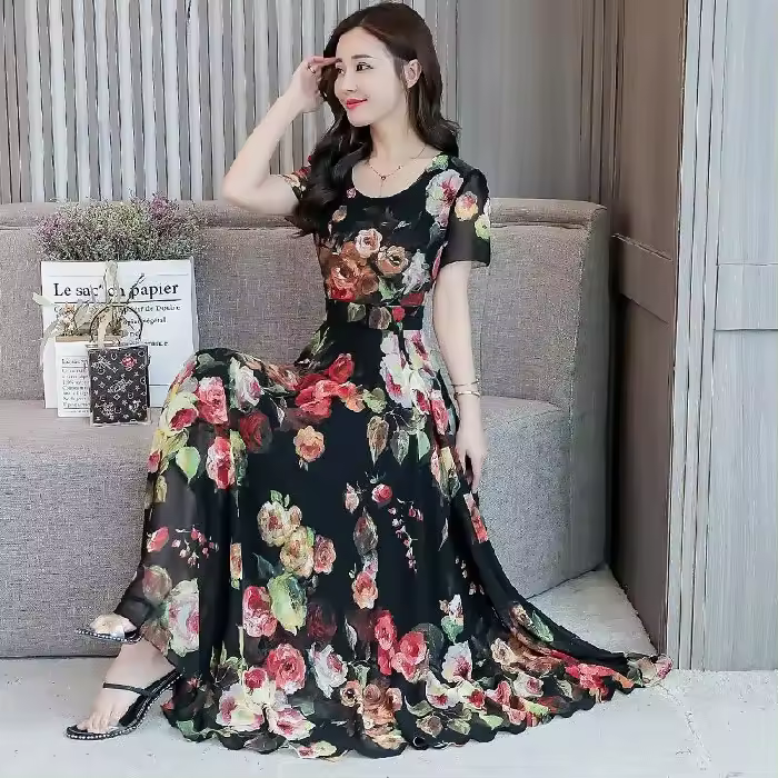 Vestido de seda de hielo con estampado de cuello redondo de longitud media, vestido largo de cintura alta de estilo coreano de verano de 180g para mujeres de mediana edad - 1