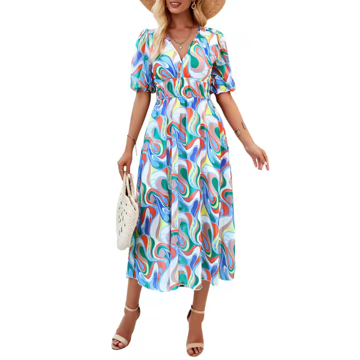 Vestido largo casual con estampado, cuello en V y cintura para las vacaciones de primavera y verano de 2025 - 1