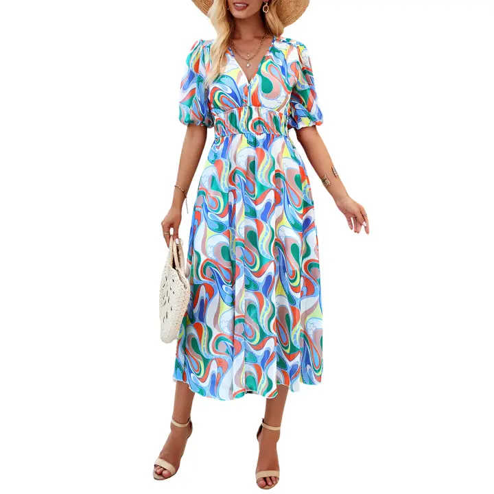 Vestido largo casual con estampado, cuello en V y cintura para las vacaciones de primavera y verano de 2025 - 1