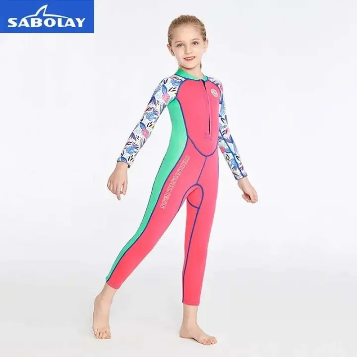 Traje de neopreno para niños, traje de baño de una pieza de 2mm, traje de baño de manga larga con protección solar cálida para niñas, traje de baño para surfear, traje de baño de neopreno - 1