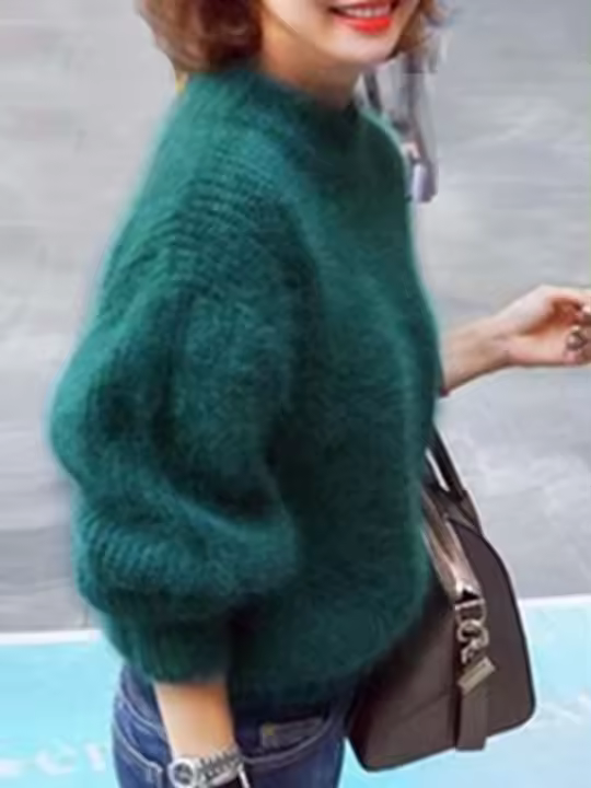 Mohair thicken turtleneck sweater autumn winter sweet lantern sleeve casual solid color pullover - 1