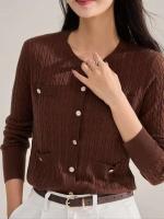 Cárdigan informal y cómodo para mujer con botones de cuello redondo, chaqueta cálida de manga larga, diseño holgado - details 8