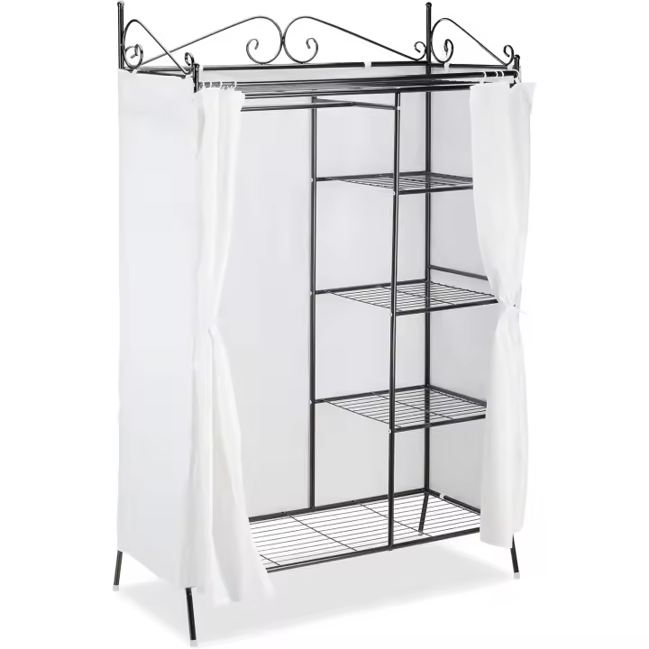 Armario Abierto Country, Perchero Recibidor, Vestidor con Cubierta, Metal-Tela, 1 Ud, 172 x 105 x 45 cm, Negro - 1