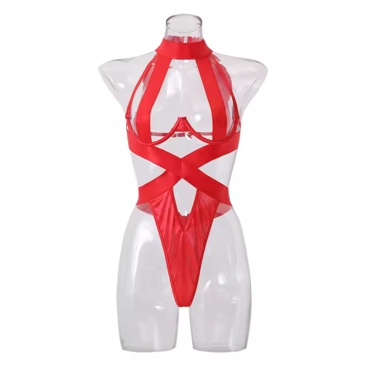 Conjunto sexual de mono sexy con cordón y cuello hueco para mujer - 1