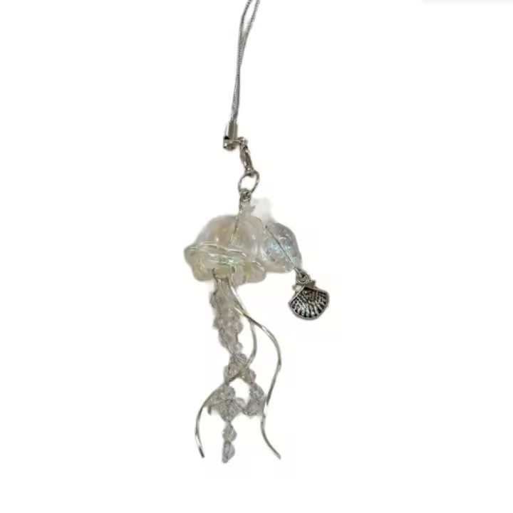Llavero de medusas con conchas de mar y estrellas, cordón Y2K con tema oceánico, cordón para teléfono con cuentas, colgante colorido, abalorio para teléfono de medusas - 1