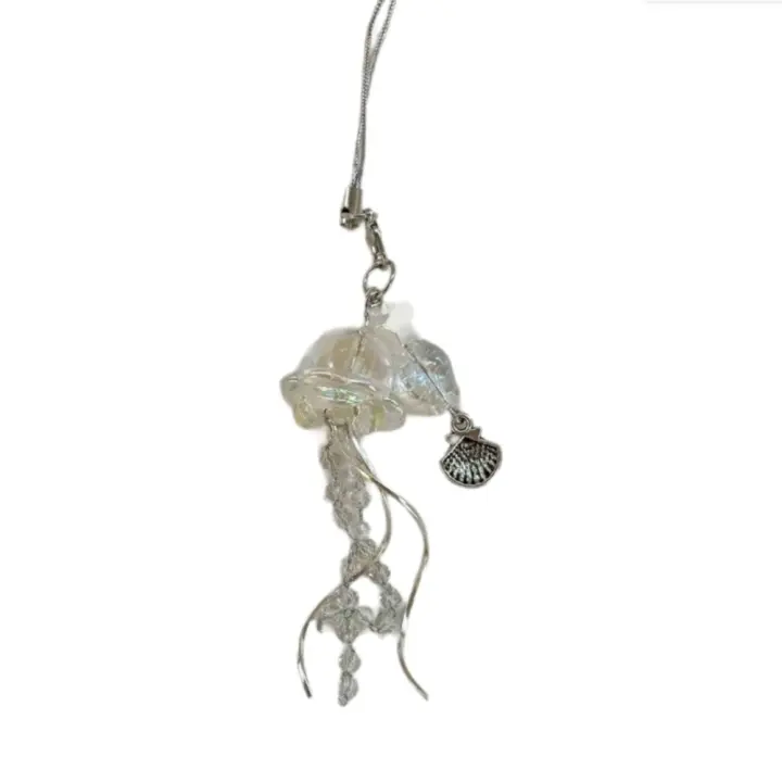 Llavero de medusas con conchas de mar y estrellas, cordón Y2K con tema oceánico, cordón para teléfono con cuentas, colgante colorido, abalorio para teléfono de medusas - 1