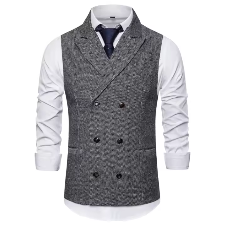 Chaleco de traje marrón con doble botonadura para hombre, chaleco sin mangas de negocios de color sólido informal de marca 2019, chalecos para hombre - 1