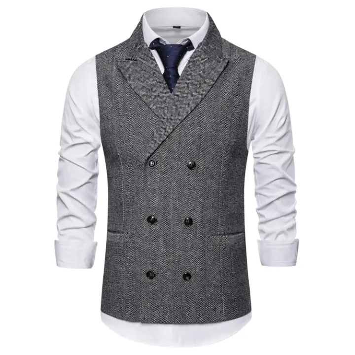 Chaleco de traje marrón con doble botonadura para hombre, chaleco sin mangas de negocios de color sólido informal de marca 2019, chalecos para hombre - 1