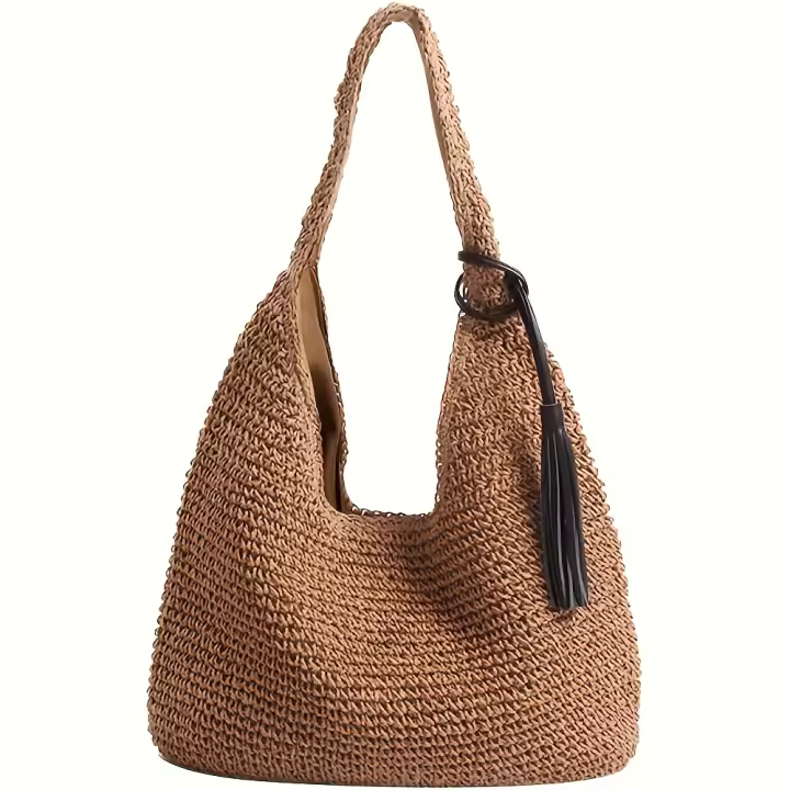 Bolso de Playa de Paja Tejido Grande para Mujer en Verano Bolso Ligero de Hombro con Correa Ajustable y Cierre Seguro, Accesorio de Moda Playera Casual - 1