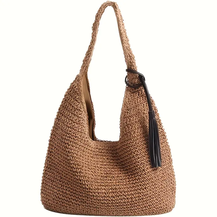 Bolso de Playa de Paja Tejido Grande para Mujer en Verano Bolso Ligero de Hombro con Correa Ajustable y Cierre Seguro, Accesorio de Moda Playera Casual - 1