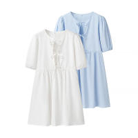 - Venta de verano de la temporada, camisas con cinturón de color puro para mujer, mini s de manga corta con cuello redondo, regular - details 0
